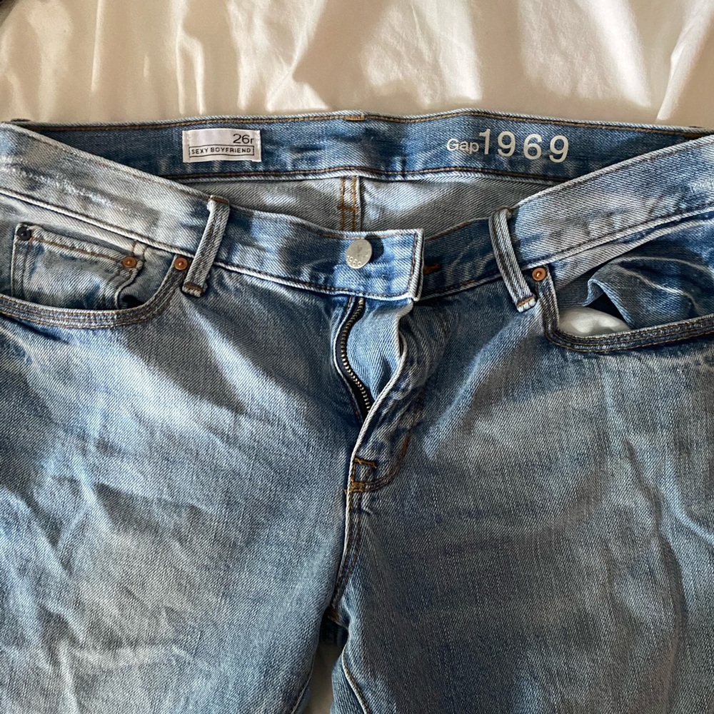 Gap distressed boot cut jeans. Light wash